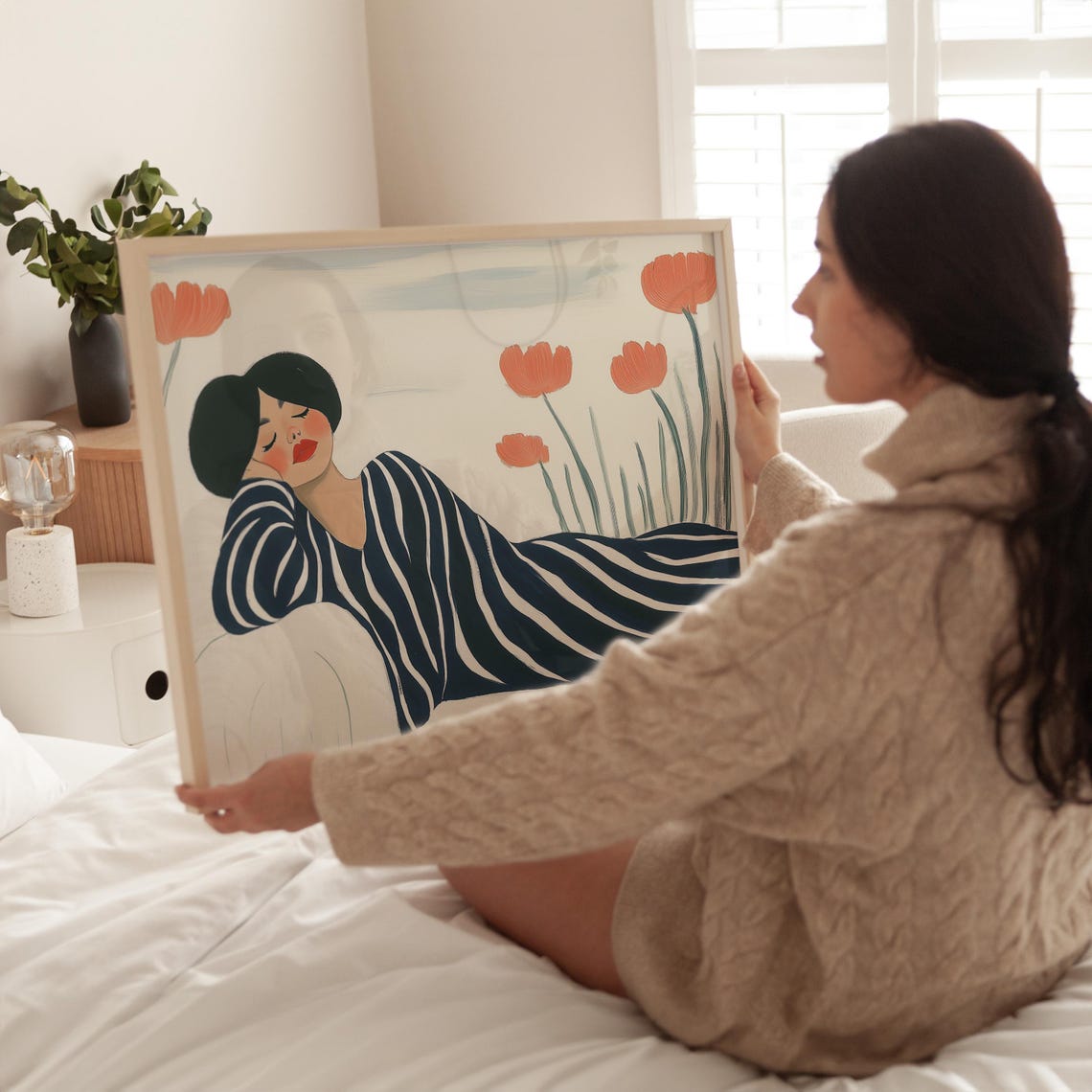 Modern Minimalist Wall Art Woman In Striped Dress With Poppy Flowers Illustration Print Calm Feminine Artwork Bold Home Decor - Image 5