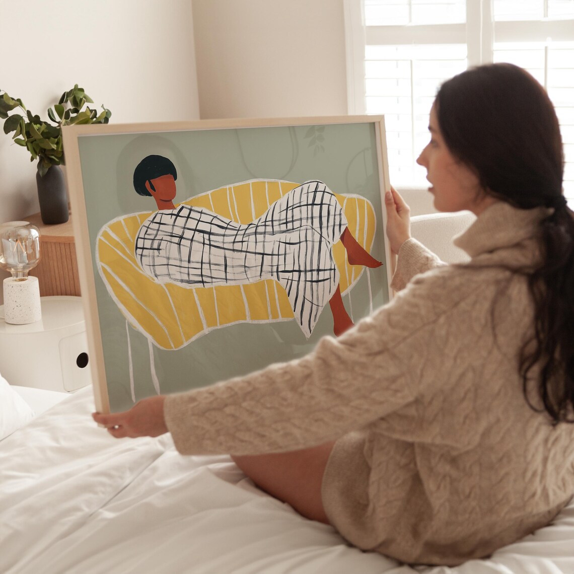 Woman Lounging on Yellow Chaise in Grid Pattern Dress Poster - Image 5