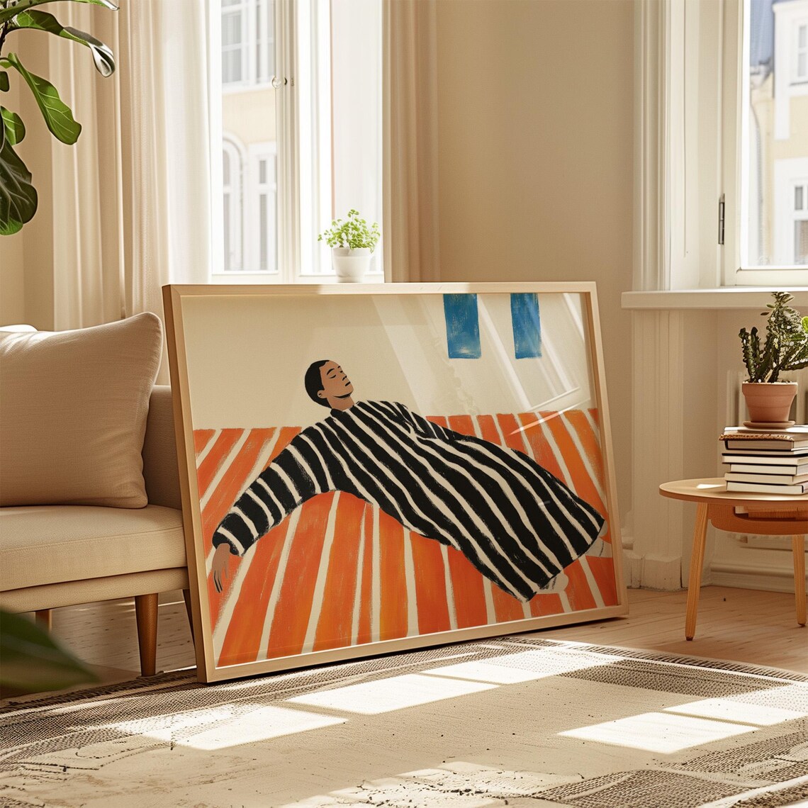 Reclining Woman in Striped Dress on Orange Background Modern Poster - Image 3