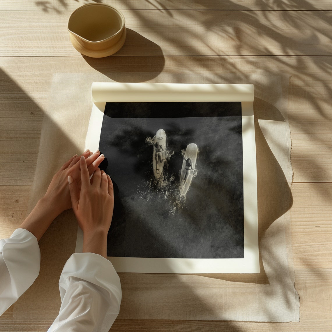 Aerial Two Surfers Dark Ocean Moody Black And White Photo Poster - Image 2