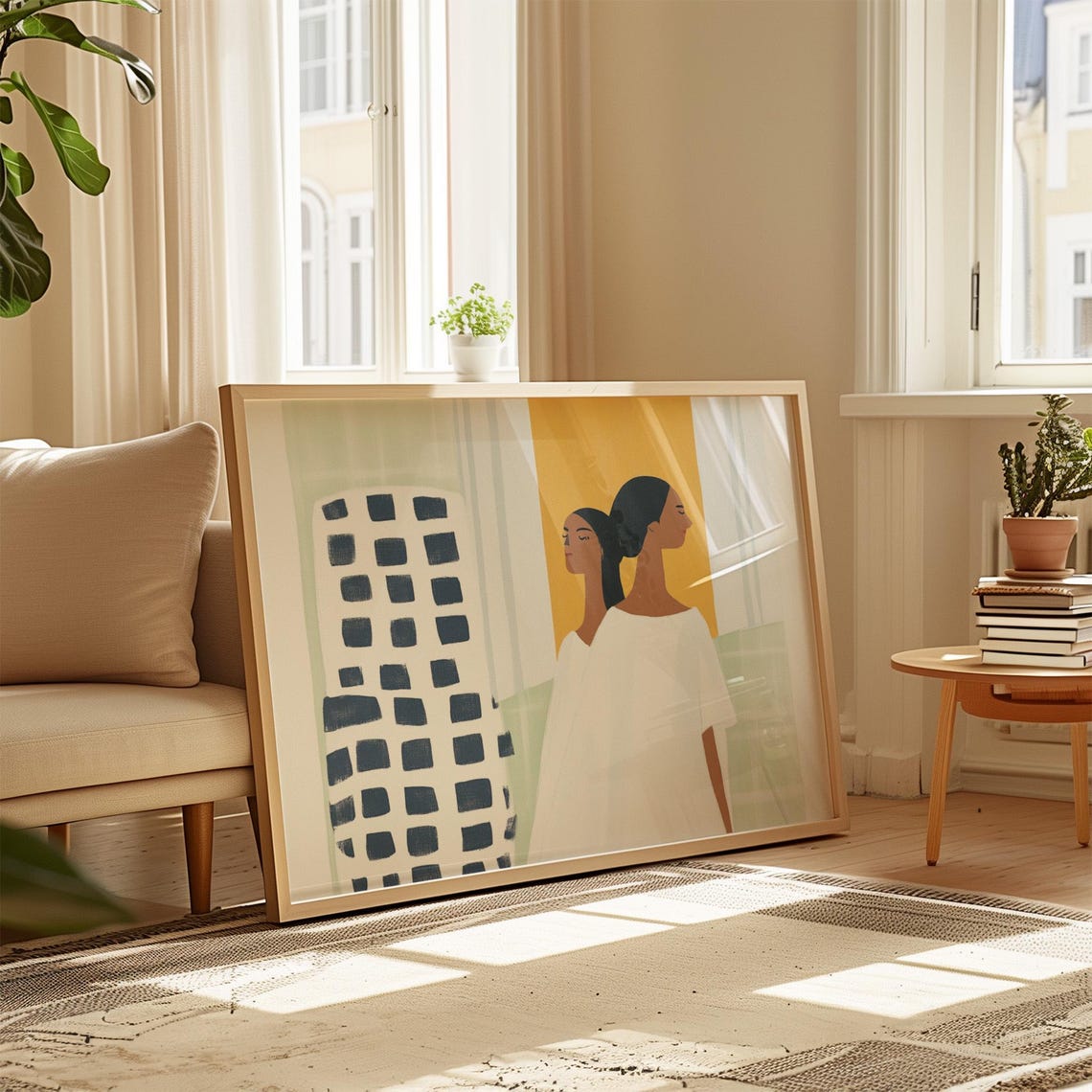 Two Women in White Standing Against Colorful Abstract Panels Poster - Image 3