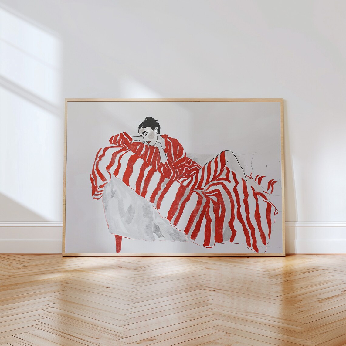 Bold Modern Line Drawing Woman in Red Striped Outfit