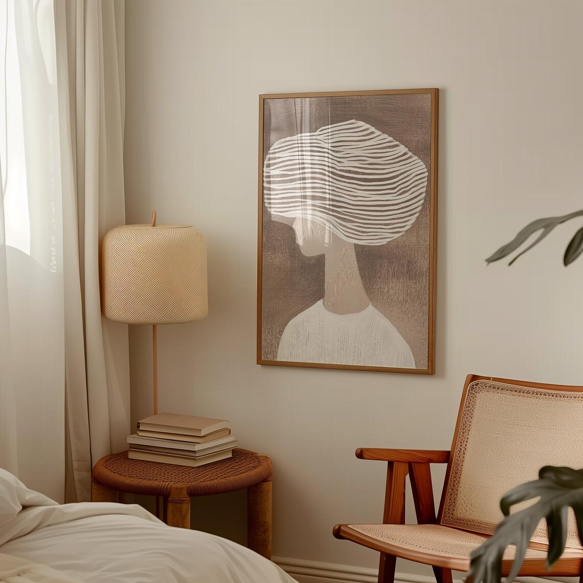 Minimalist Woman With Big Striped Hat Line Art Beige Portrait Poster - Image 3