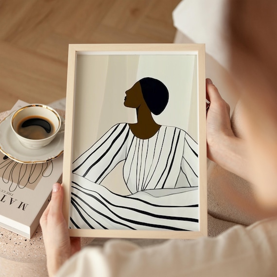 Modern Woman Portrait Art Minimalist Black Female Illustration Abstract African Art Neutral Striped Dress Wall Print