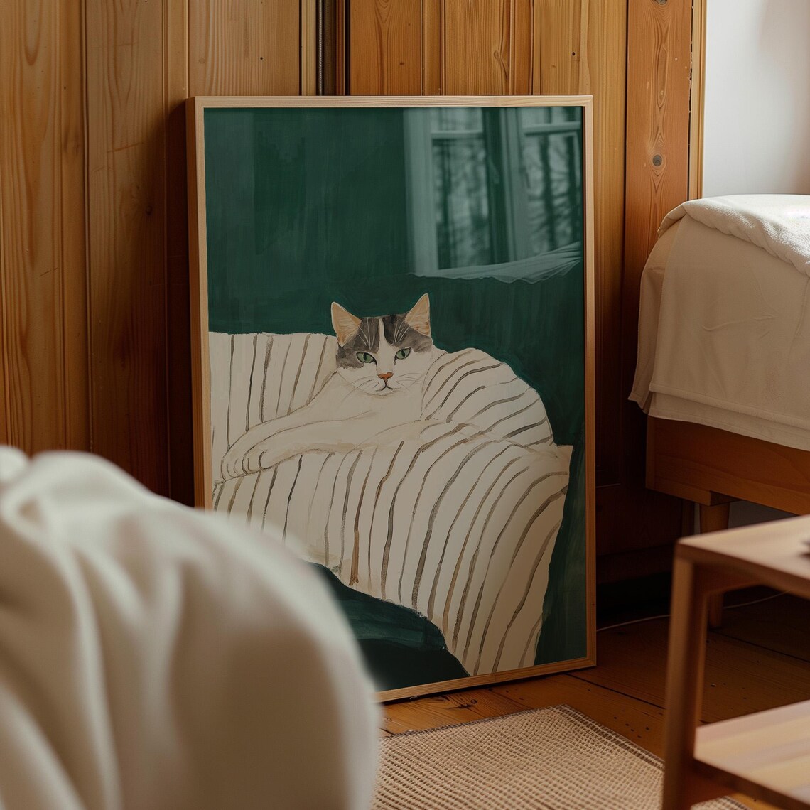 Lounging Tabby Cat Portrait on Striped Armchair Painting Poster - Image 4