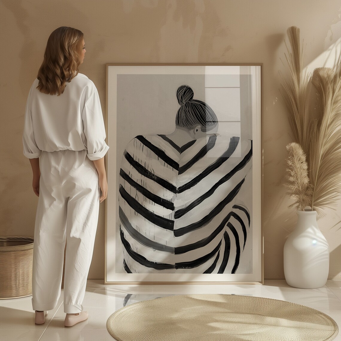 Woman Back View Hair Bun Striped Top Monochrome Brushstroke Art Poster