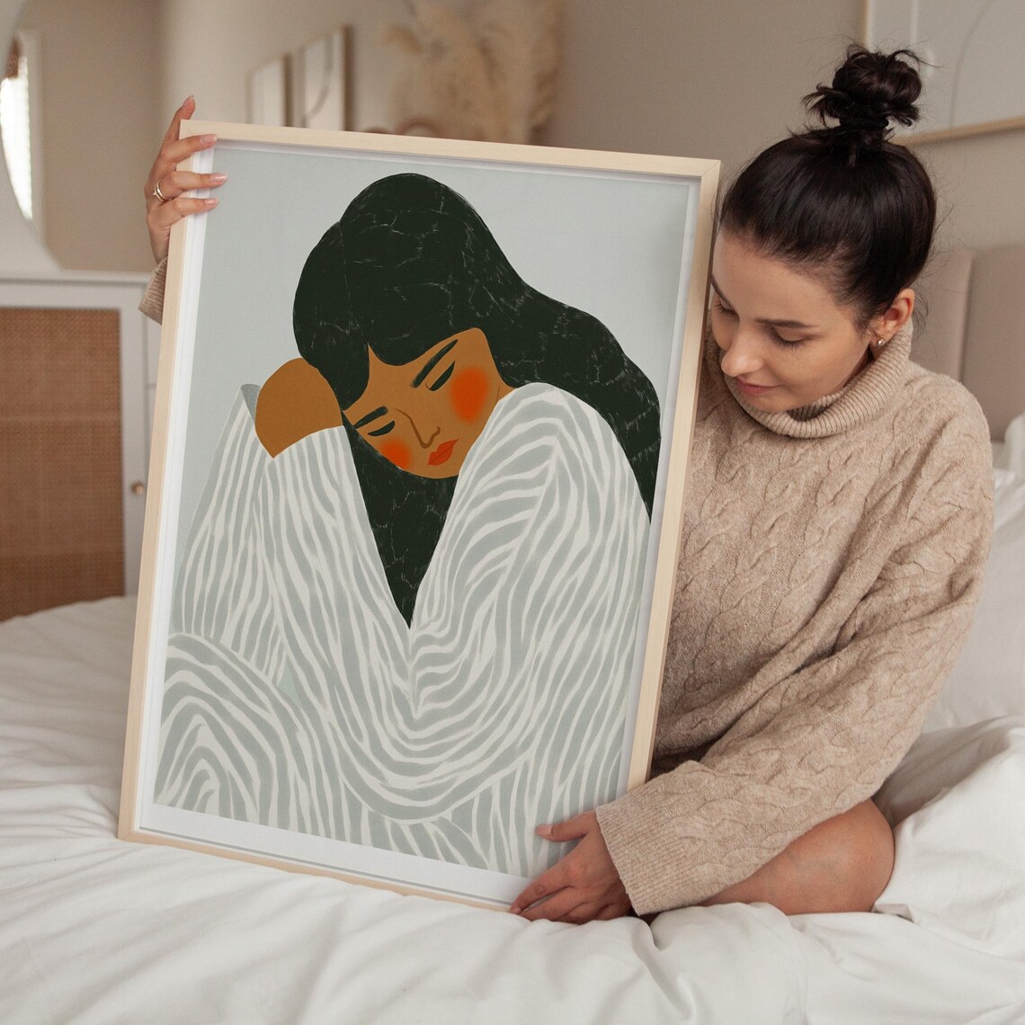 Serene Abstract Woman Resting Her Chin on a Striped Blanket Poster