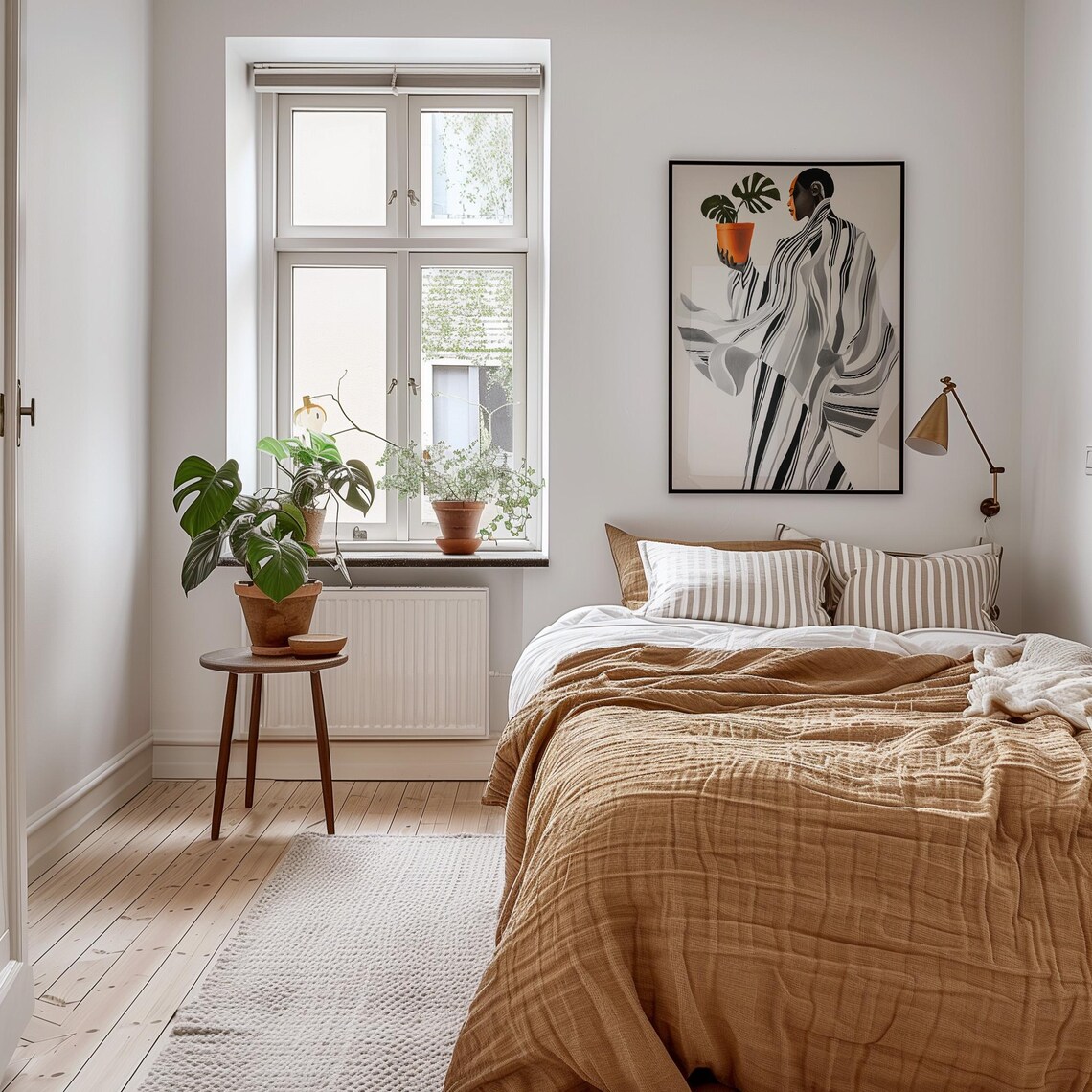 Elegant Striped Gown Woman Monstera Plant Orange Accent Poster - Image 2
