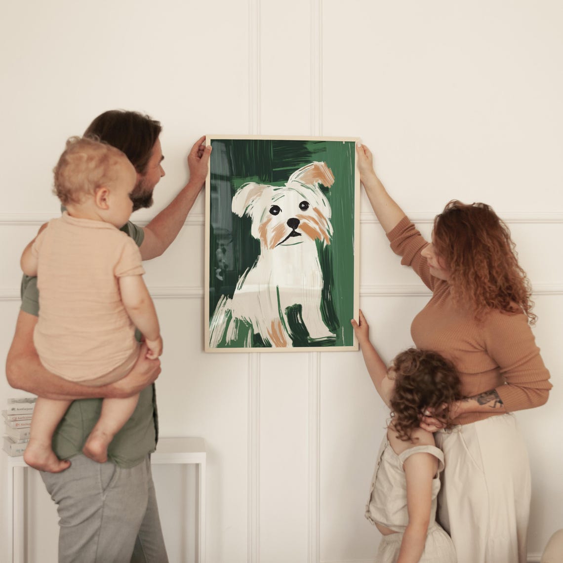 Cute White Tan Dog Painted Portrait Green Background Pet Poster - Image 4