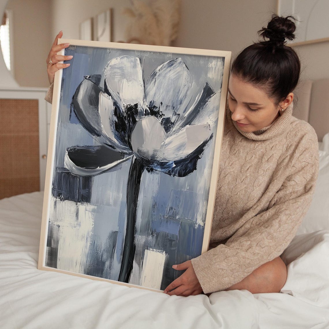 Painterly White And Gray Abstract Flower Bloom On Blue Gray Print