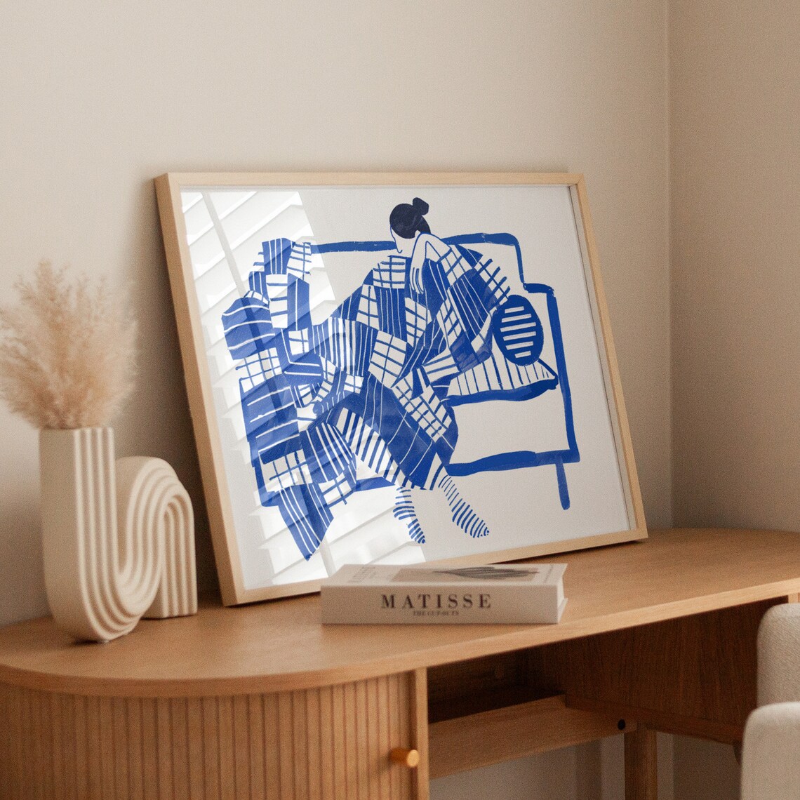 Sleeping Woman Blue Striped Blanket Couch Minimalist Ink Poster - Image 3