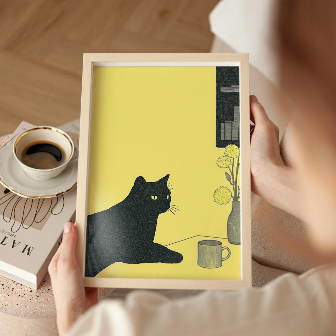 Minimalist Black Cat Bright Yellow Background Modern Art Poster - Image 4