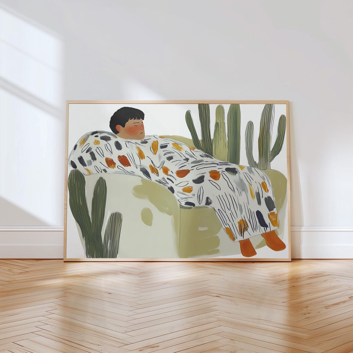 Person Resting on Green Couch Surrounded by Tall Cacti Poster - Image 4