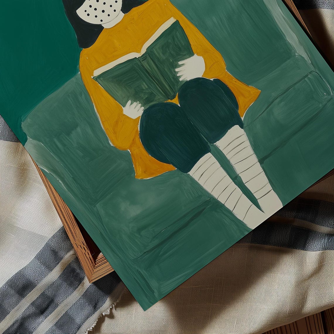 Faceless Reader in a Mustard Sweater Holding a Book on Green Poster - Image 3