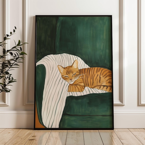 Sleeping Ginger Tabby Cat On Striped Chair Cozy Dark Green Illustration Poster