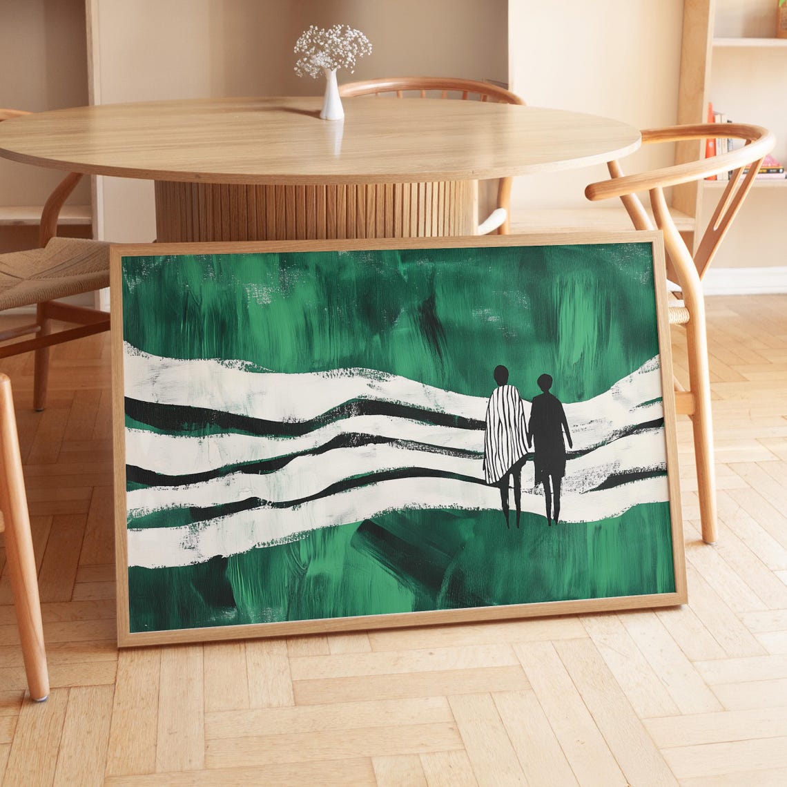 Minimalist Couple Walking Green Abstract Landscape Path Poster - Image 3