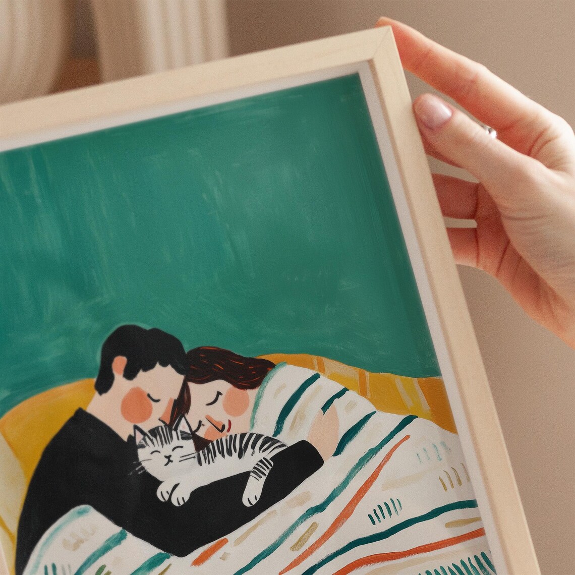 Cozy Couple And Cat Print Whimsical Home Decor Heartwarming Illustration Of Family Love Warm And Colorful Wall Art For Bedrooms - Image 3