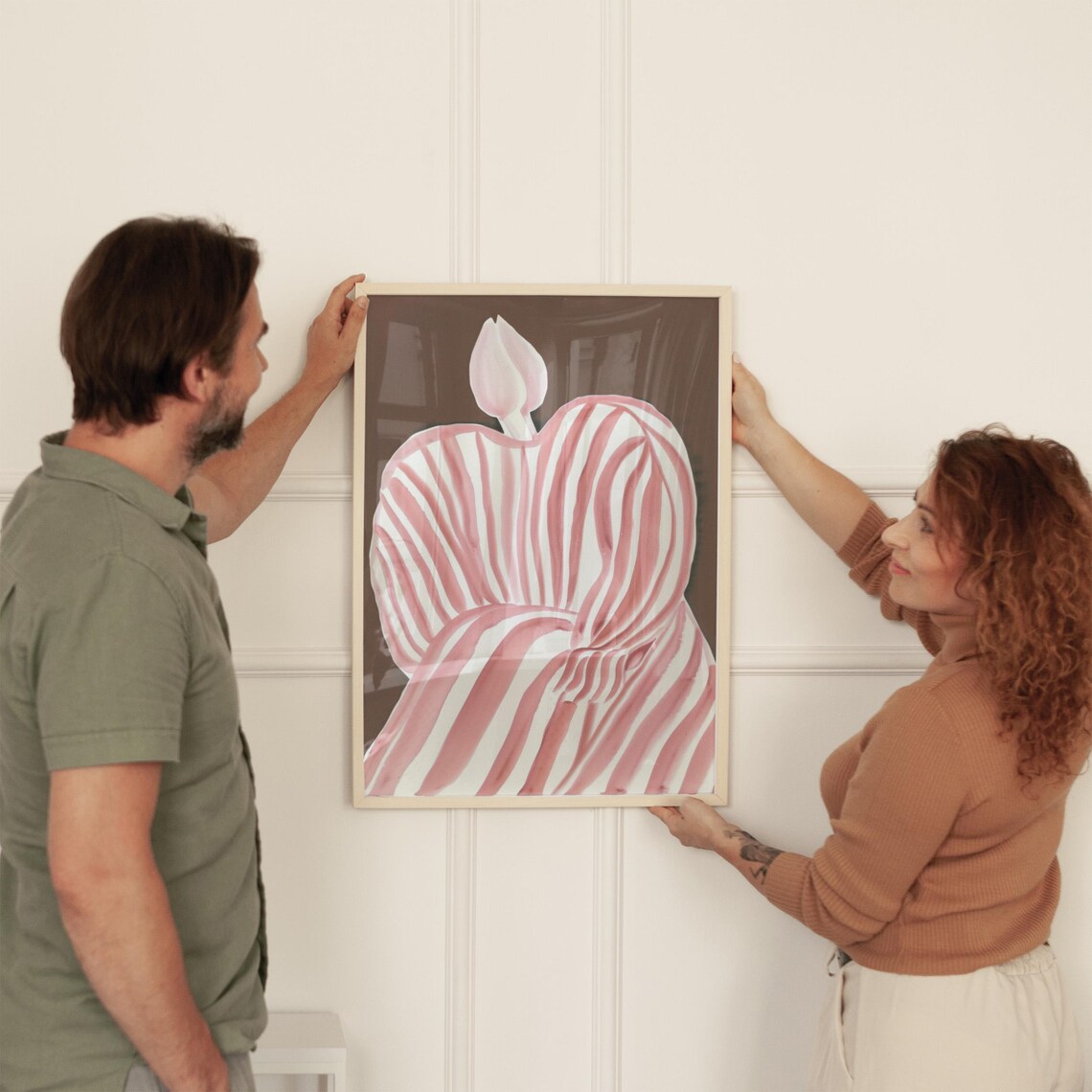 Faceless Figure in Pink Striped Dress with Flower Bud Art Poster - Image 4