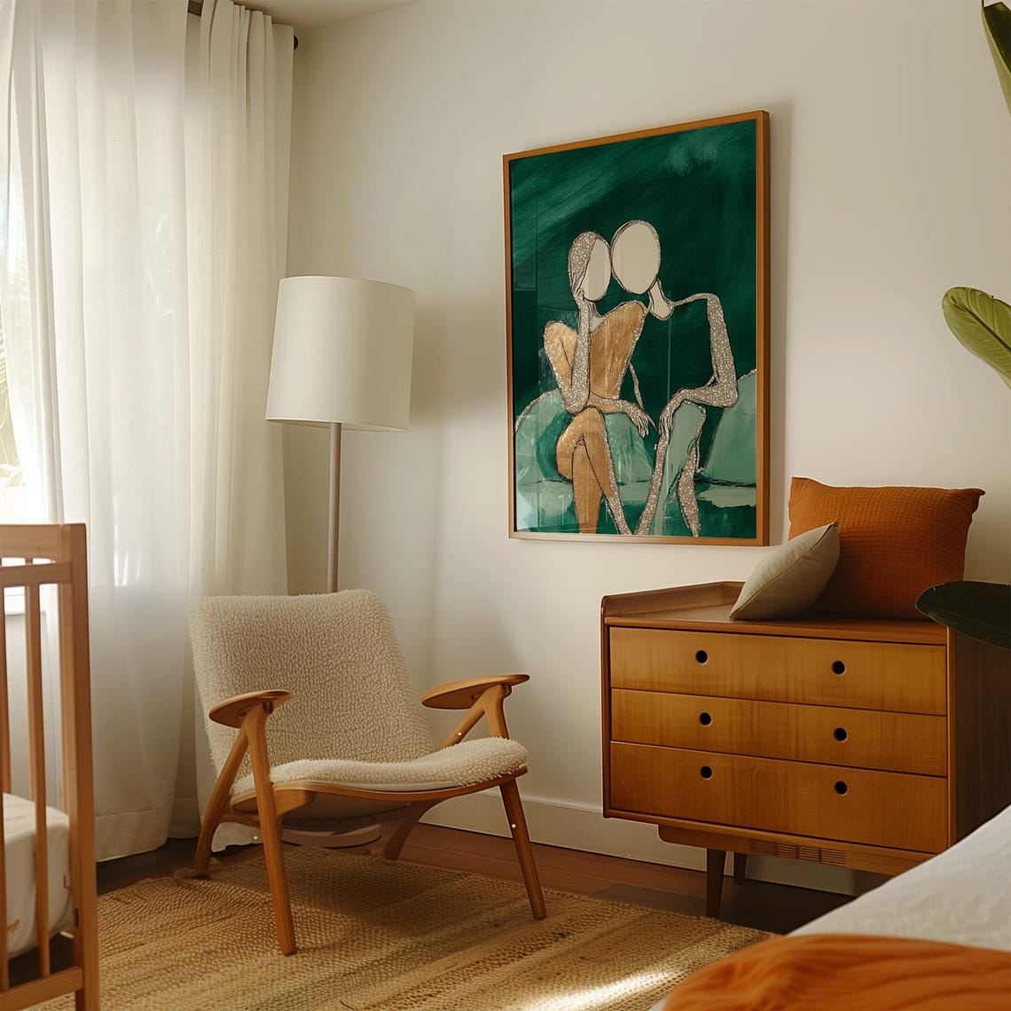 Two Figures Leaning Together on a Green Sofa in Gold Tones Poster - Image 3