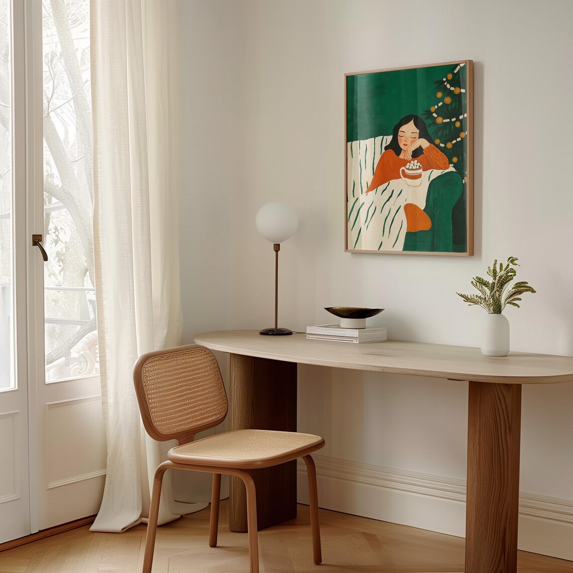 Woman in an Orange Sweater With Hot Cocoa by the Christmas Tree Poster - Image 3