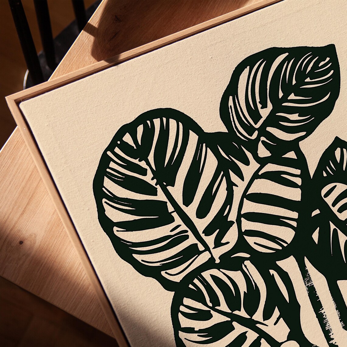 Monochrome Tropical Banana Leaves Linocut Beige Botanical Poster - Image 4