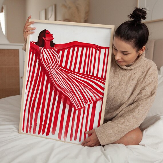 Woman with Outstretched Arms in Red Stripes Dynamic Art Poster