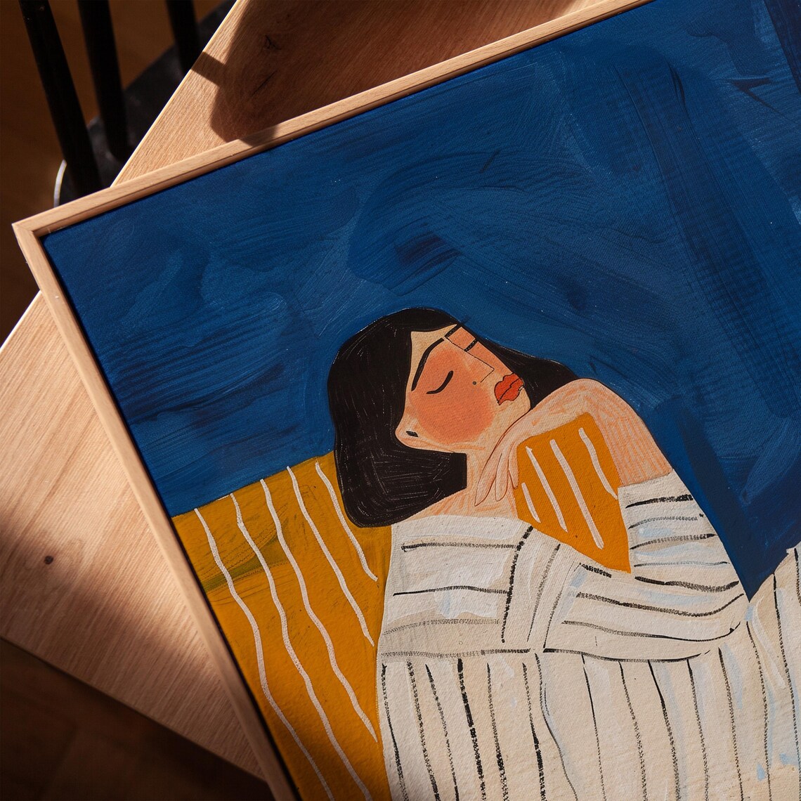 Woman Reclining Striped Dress Couch Deep Blue Orange Modern Art Poster - Image 3
