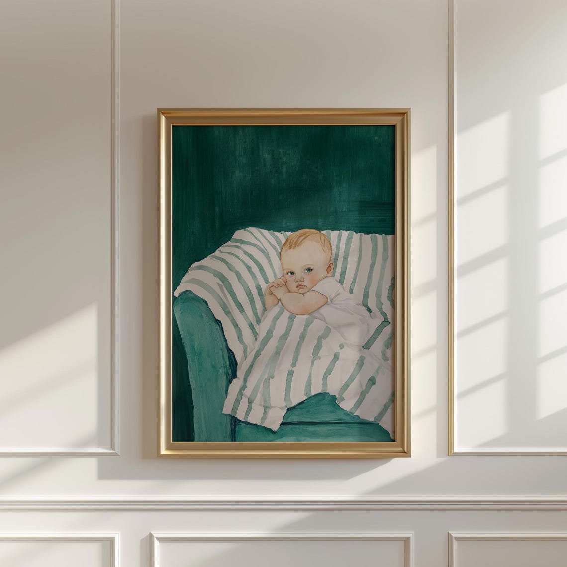 Sweet Baby Resting On Striped Blanket Teal Nursery Decor Wall Art