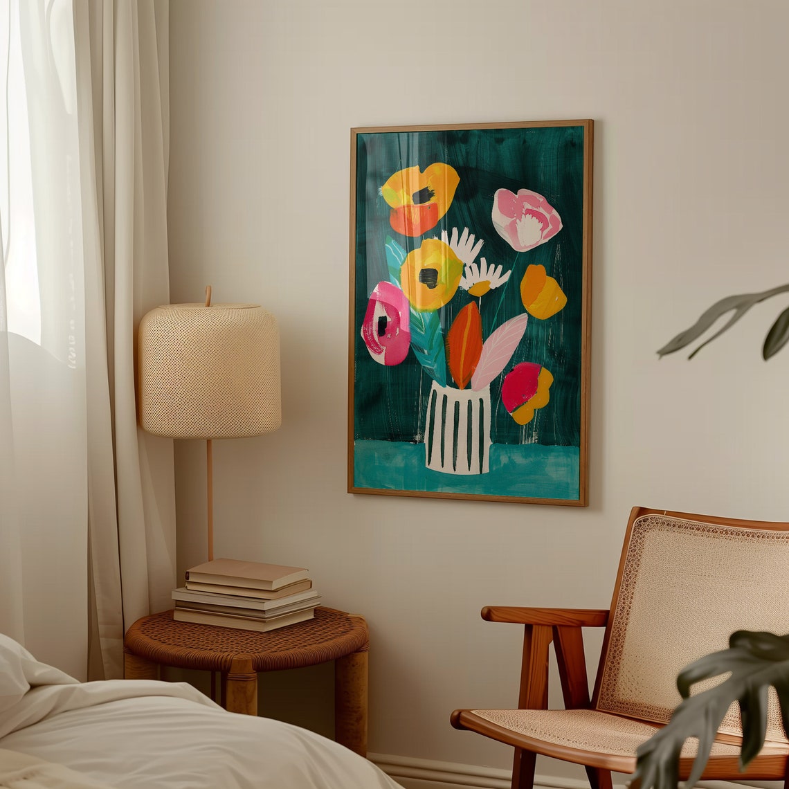 Colorful Abstract Flowers in Striped Vase Teal Bouquet Poster - Image 3