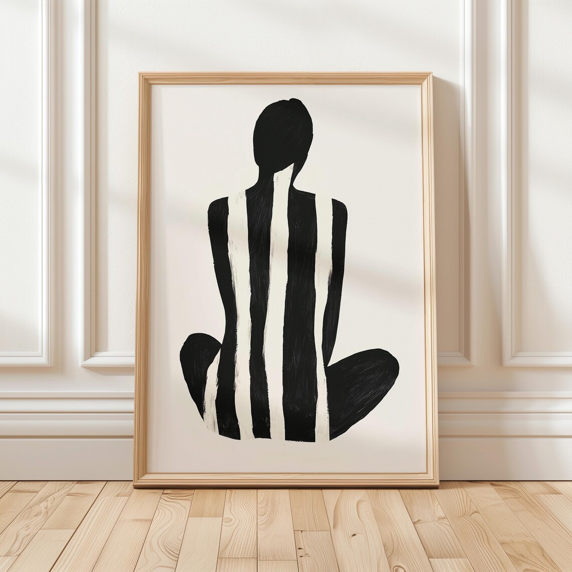 Abstract Black And White Striped Seated Nude Figure Painting Print