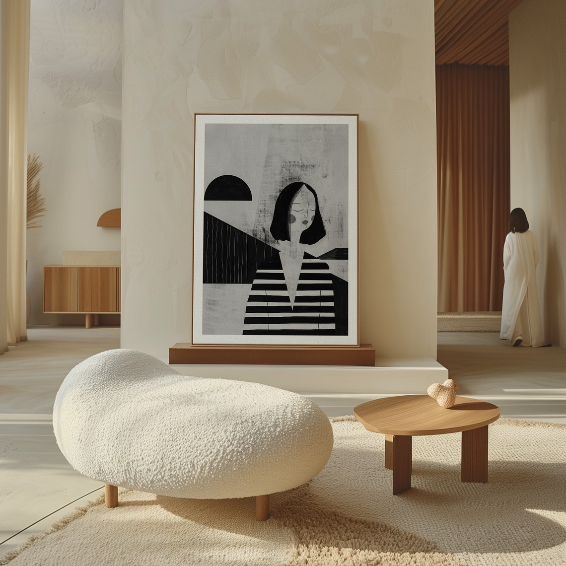 Abstract Woman In Striped Dress Geometric Black White Wall Art - Image 3