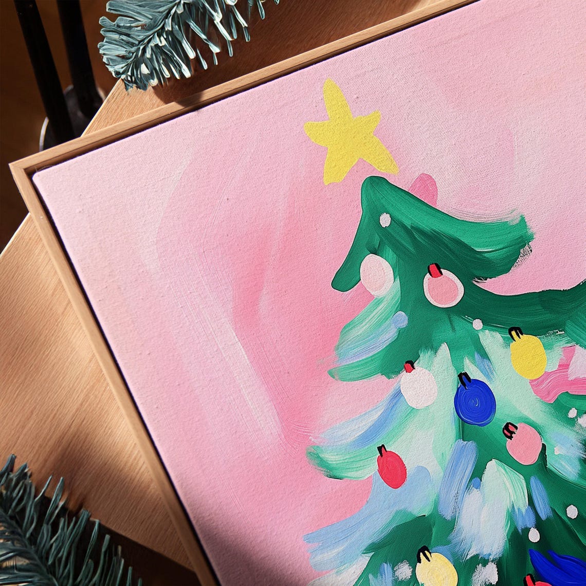 Painterly Christmas Tree With Colorful Ornaments on Pink Poster - Image 3