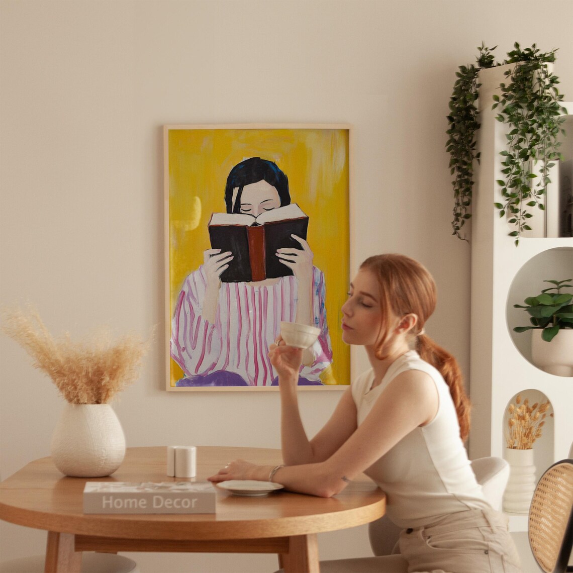 Woman Reading Book Bold Yellow Background Cozy Book Lover Art Poster - Image 4