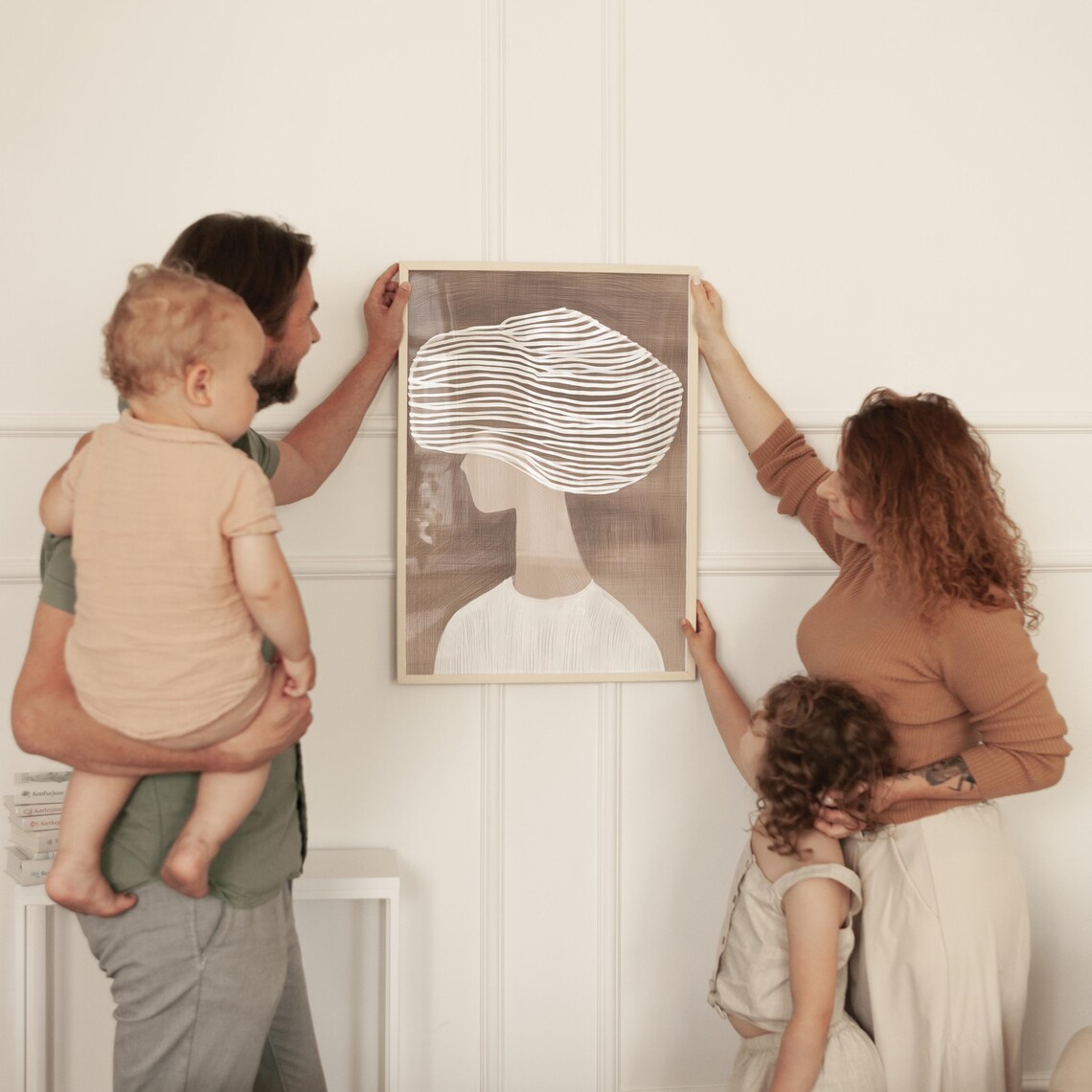 Minimalist Woman With Big Striped Hat Line Art Beige Portrait Poster - Image 2