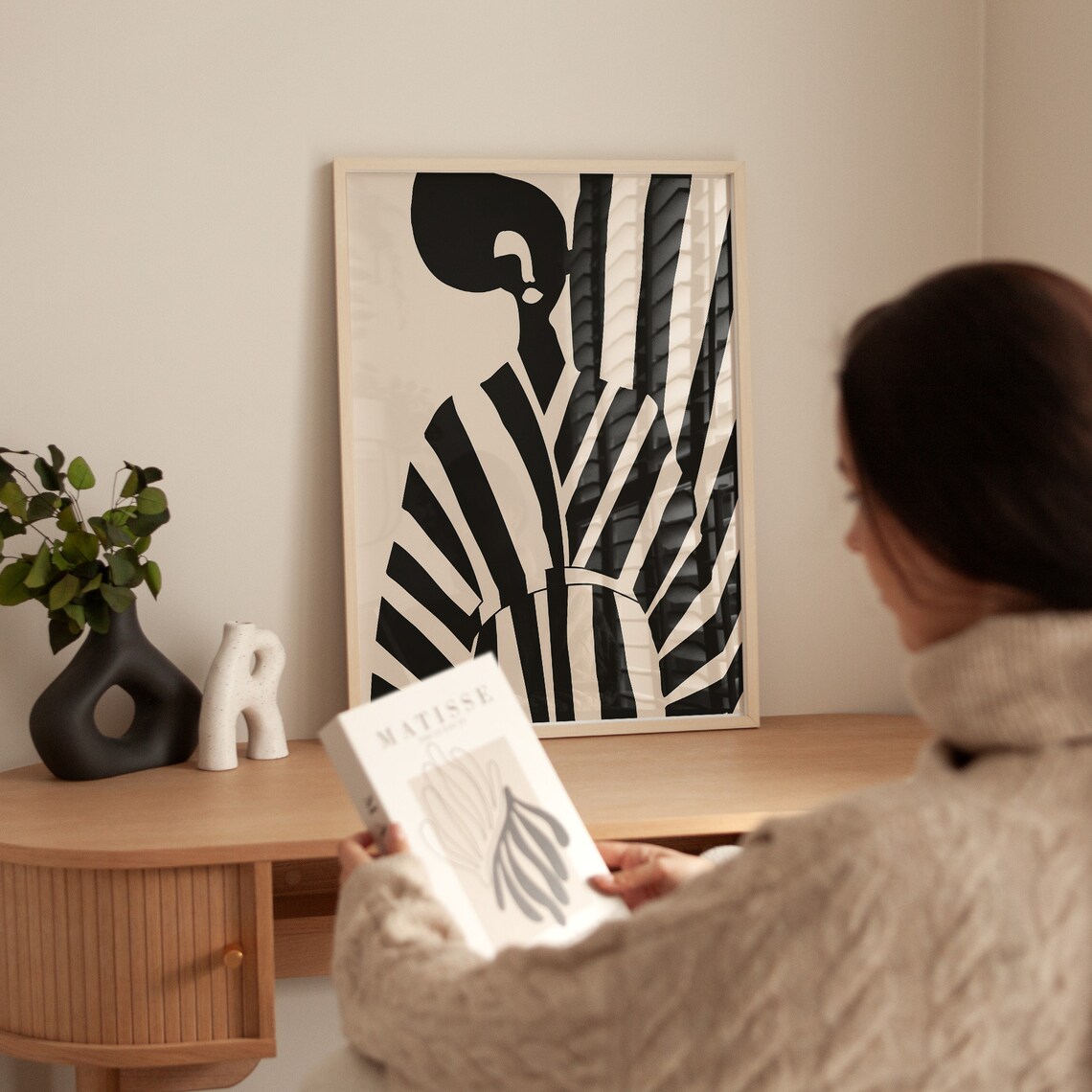 Abstract Striped Figure Black Beige Modernist Cutout Wall Art - Image 2