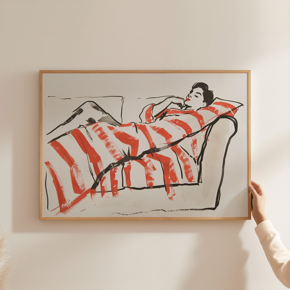 Elegant Woman in Red Stripes Reclining on Sofa Modern Art Poster