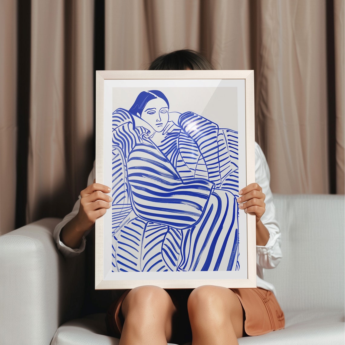 Cobalt Blue Woman In Striped Robe Line Art Portrait Wall Art