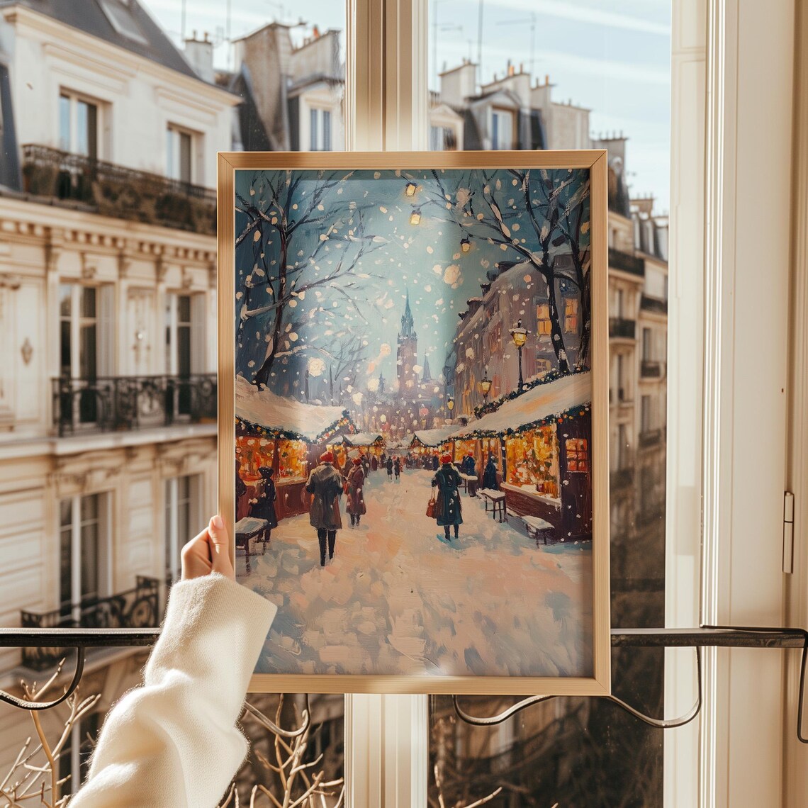 Snowy Christmas Market Street Charming Stalls Evening Lights Art Poster - Image 2