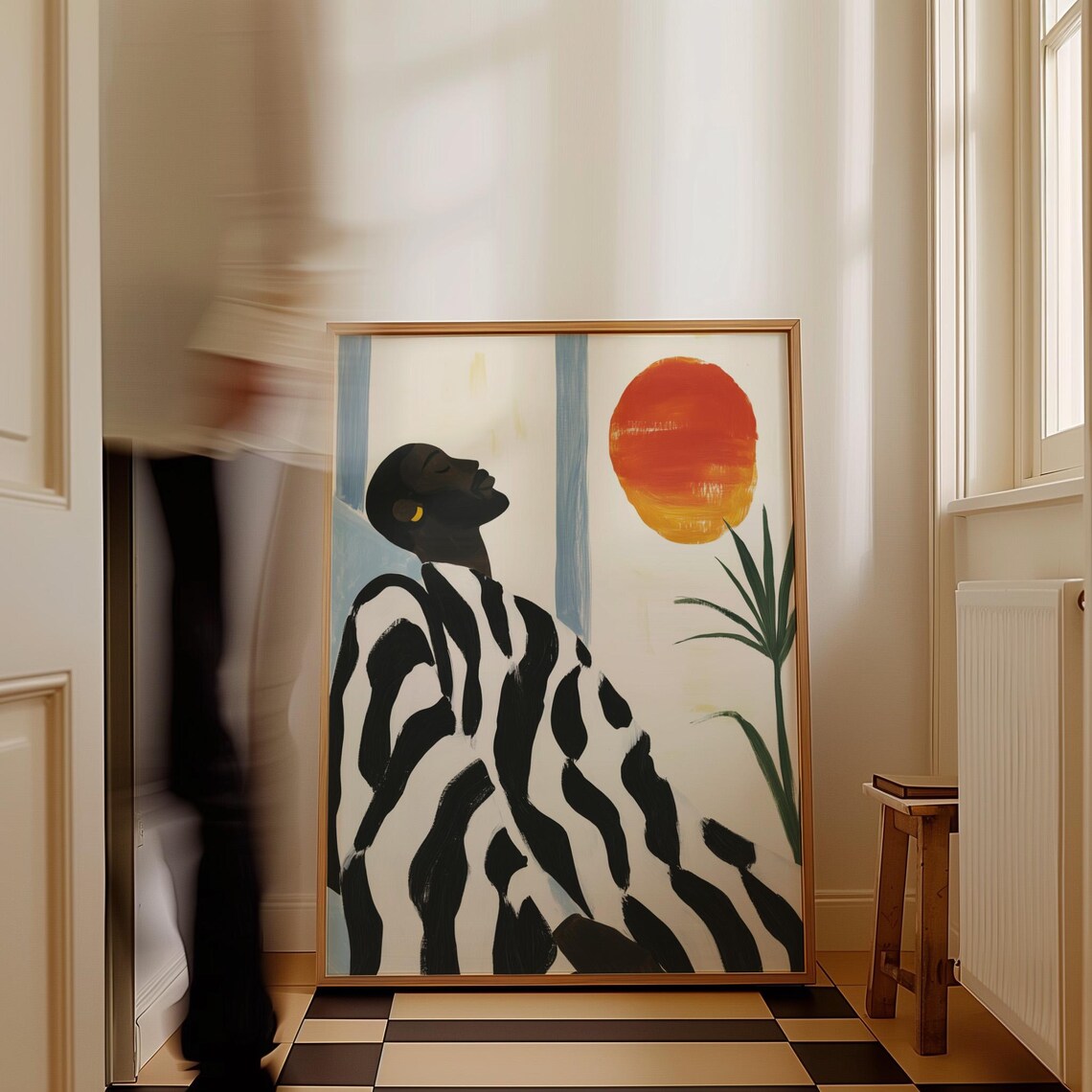 Woman In Zebra Striped Robe Under Orange Sun Minimalist Art Poster - Image 3