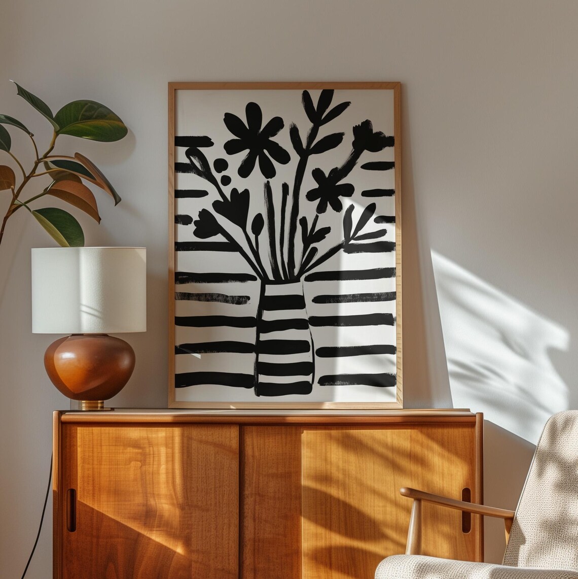 Black Brushstroke Flowers in Striped Vase Abstract Monochrome Poster - Image 3