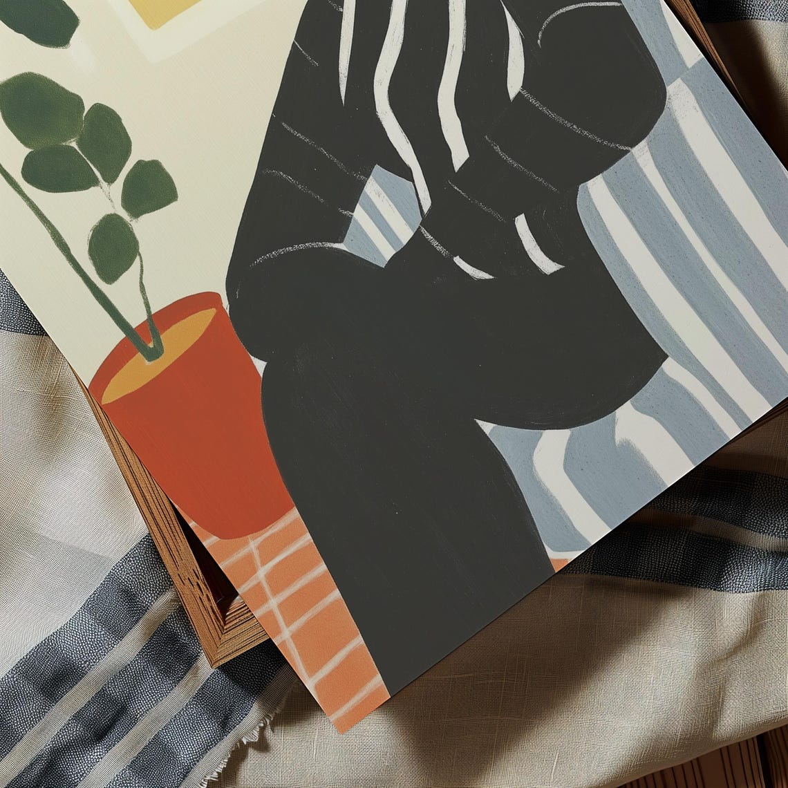Black Silhouette Woman Profile Striped Chair Plant Modern Art Poster - Image 3