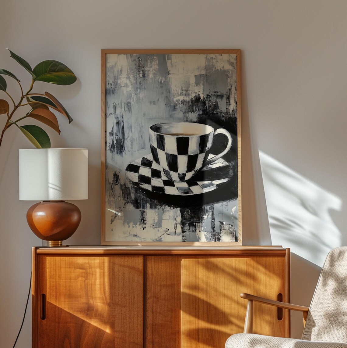 Black and White Checkered Cup Abstract Art Print - Image 2