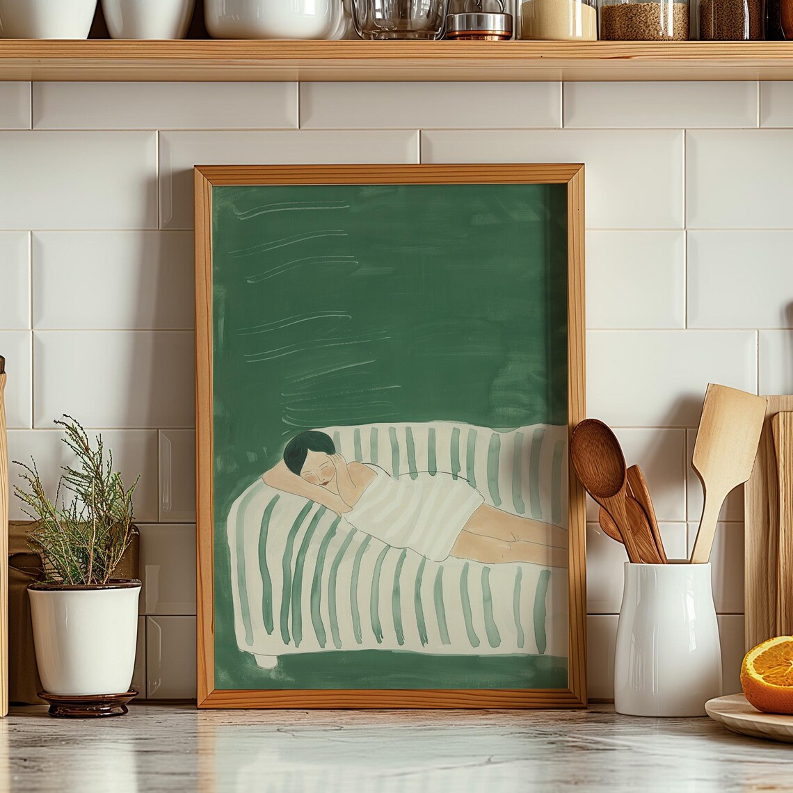 Woman Resting on Green Striped Couch Minimal Green Figure Poster - Image 4