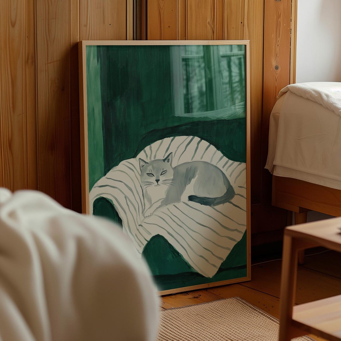 Cozy Calm Gray Cat Curled On Striped Blanket Green Sofa Poster - Image 4