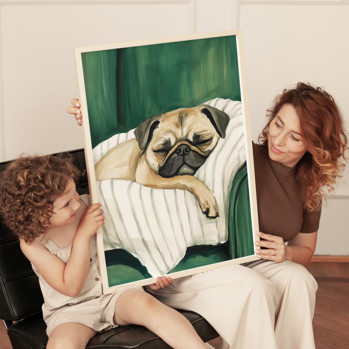 Sleeping Pug Dog Art Print, Minimalist Watercolor