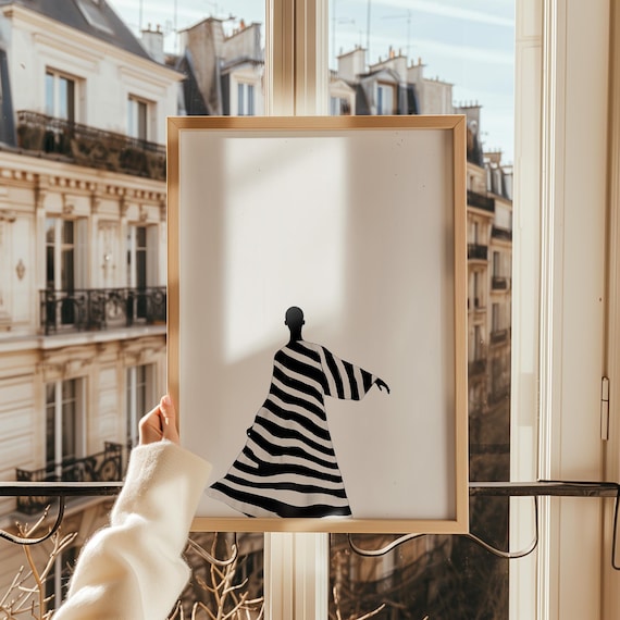 Woman In Striped Dress Minimalist Fashion Illustration Wall Art