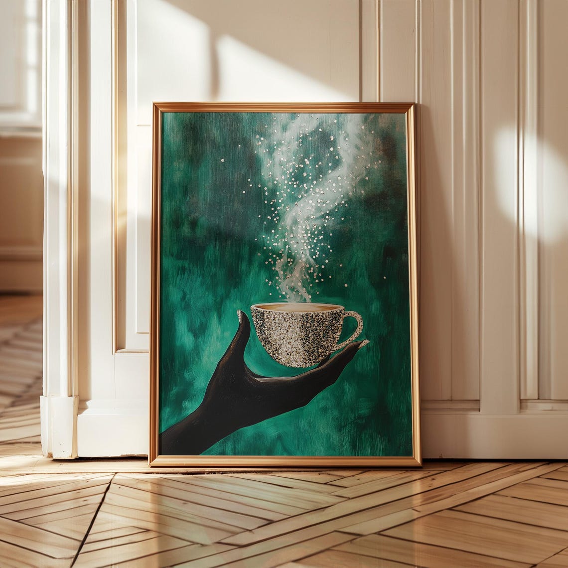 Glamorous Sparkling Coffee Cup in Hand Emerald Green Glam Poster - Image 5