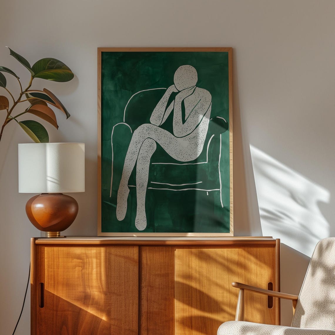 Minimalist White Contemplative Figure Resting on Deep Green Poster - Image 2