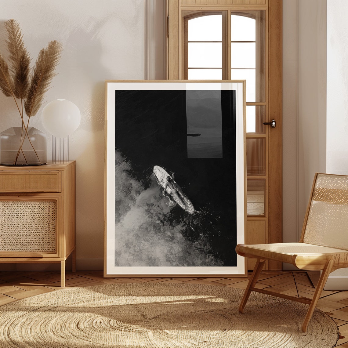 Solitary Surfers Journey Black And White Ocean Exploration Peaceful Surfing Solitude Art Print - Image 2