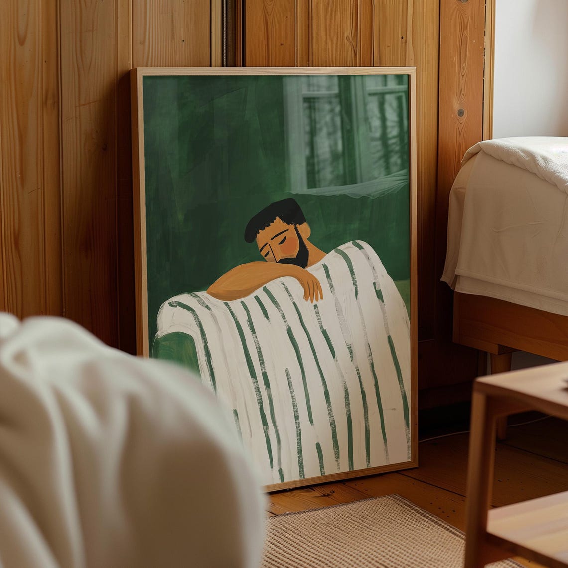 Bearded Man Sleeping Under Striped Blanket Deep Green Wall Art - Image 4